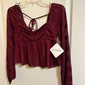 La Peche Burgundy long sleeve Lace Womens junior crop Top -NWT